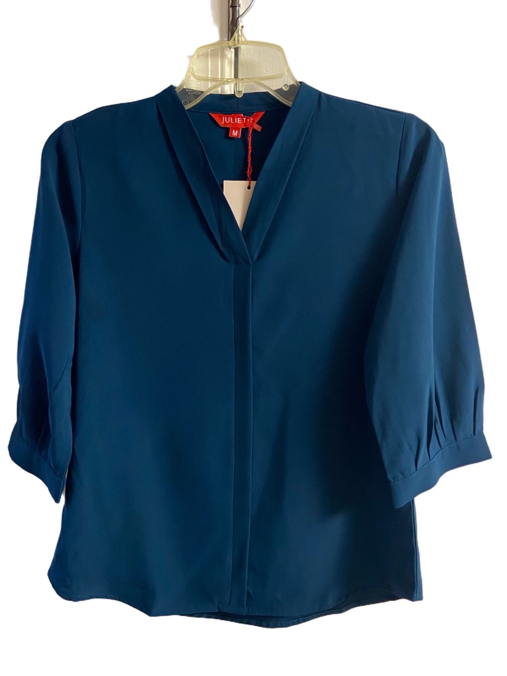 Juliet Teal Blue V-Neck 3/4 Sleeve Blouse Split Neck Pullover Top NWT Medium